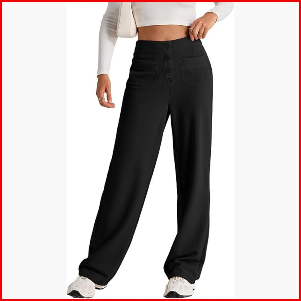 High Waist Stretch Work Pants Straight Leg Office Trousers with Pockets